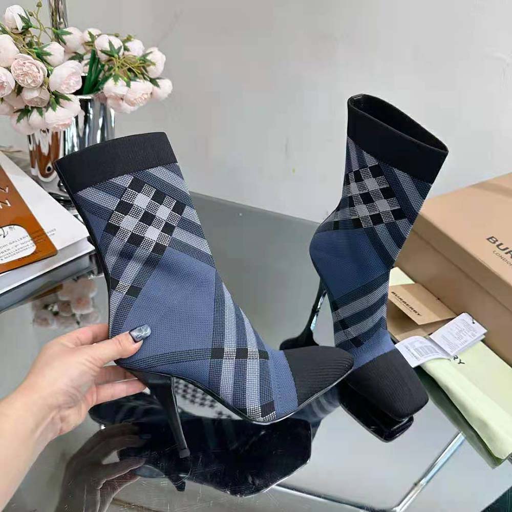 Burberry Women Knitted Check Sock Boots-Navy - image 8