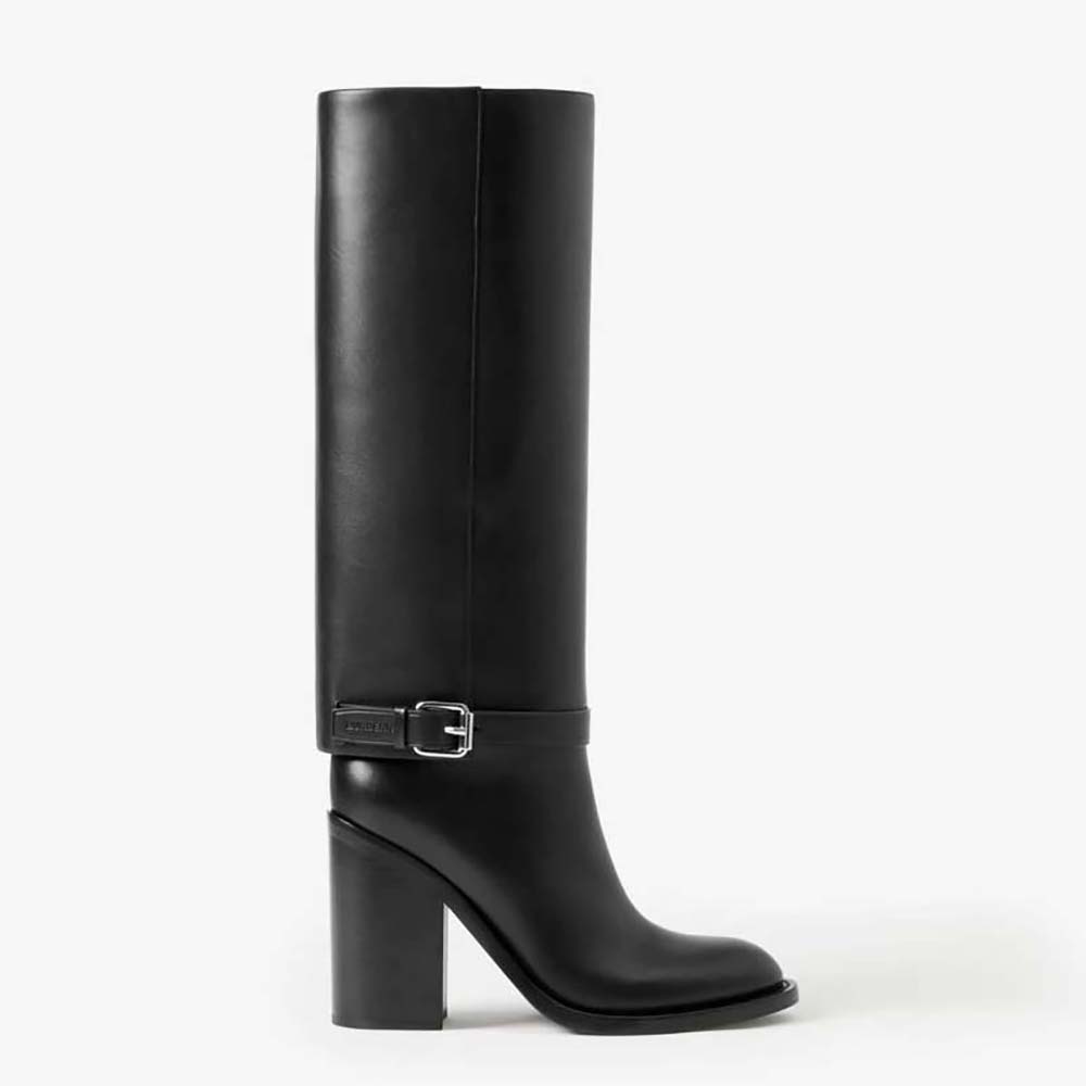 Side profile of Burberry Women Leather Boots with Logo-Embossed Ankle Strap-Black
