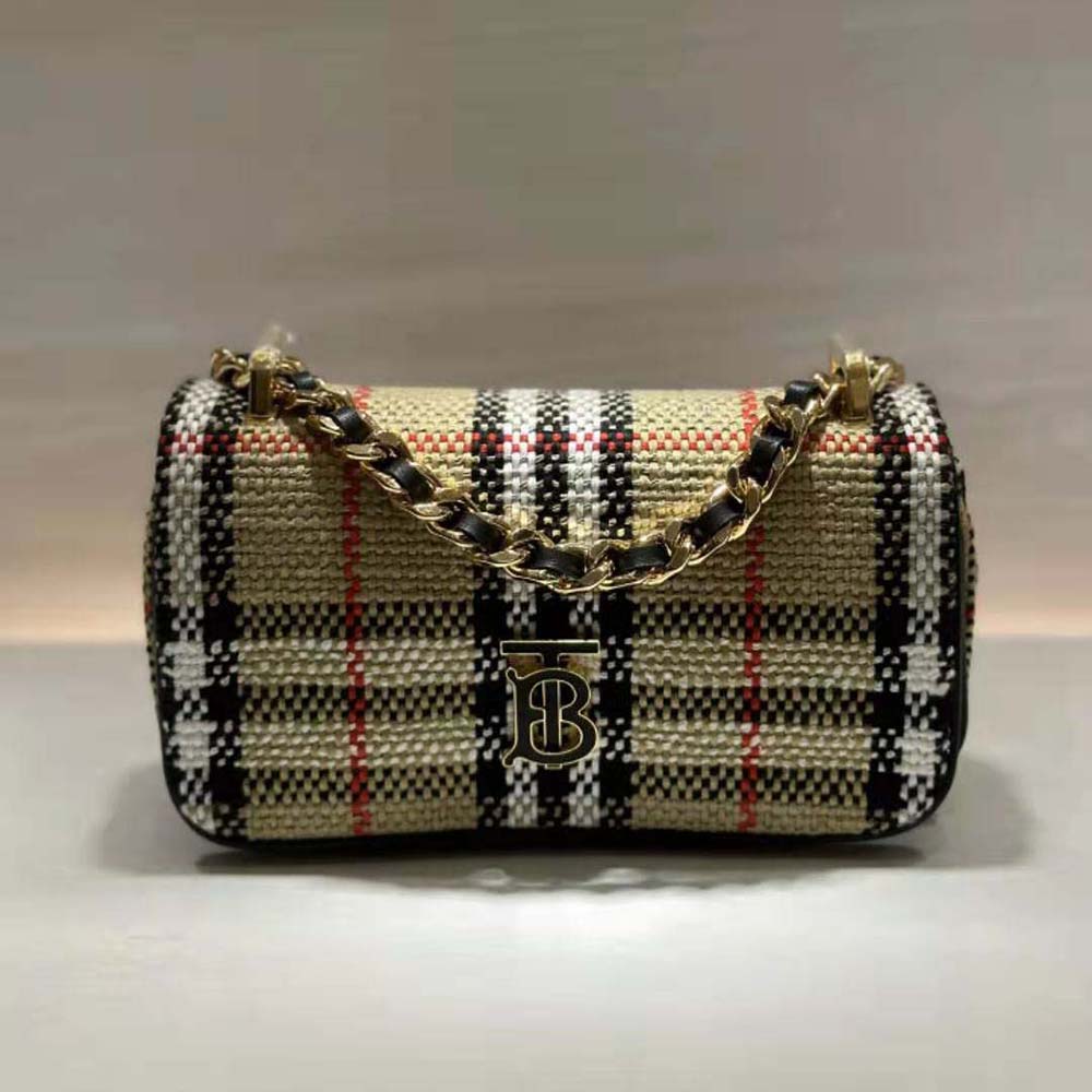 Close-up of gold chain and logo detail on Burberry Women Mini Lola Bag