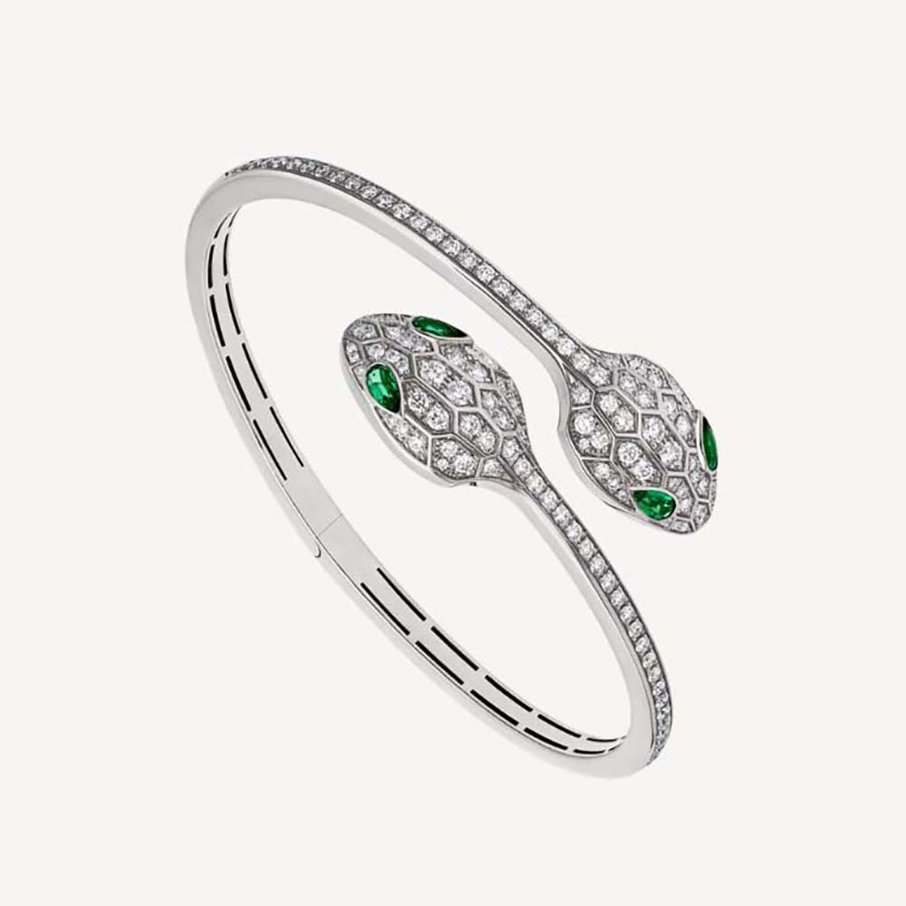 Close-up of Bvlgari Women Serpenti 18 kt White Gold Bracelet Set showing green enamel detail
