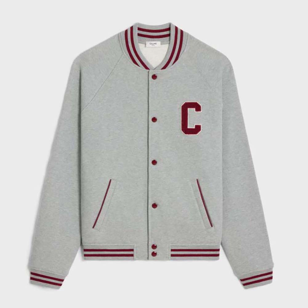 Front view of Celine Women Teddy College Jacket in silver cotton fleece