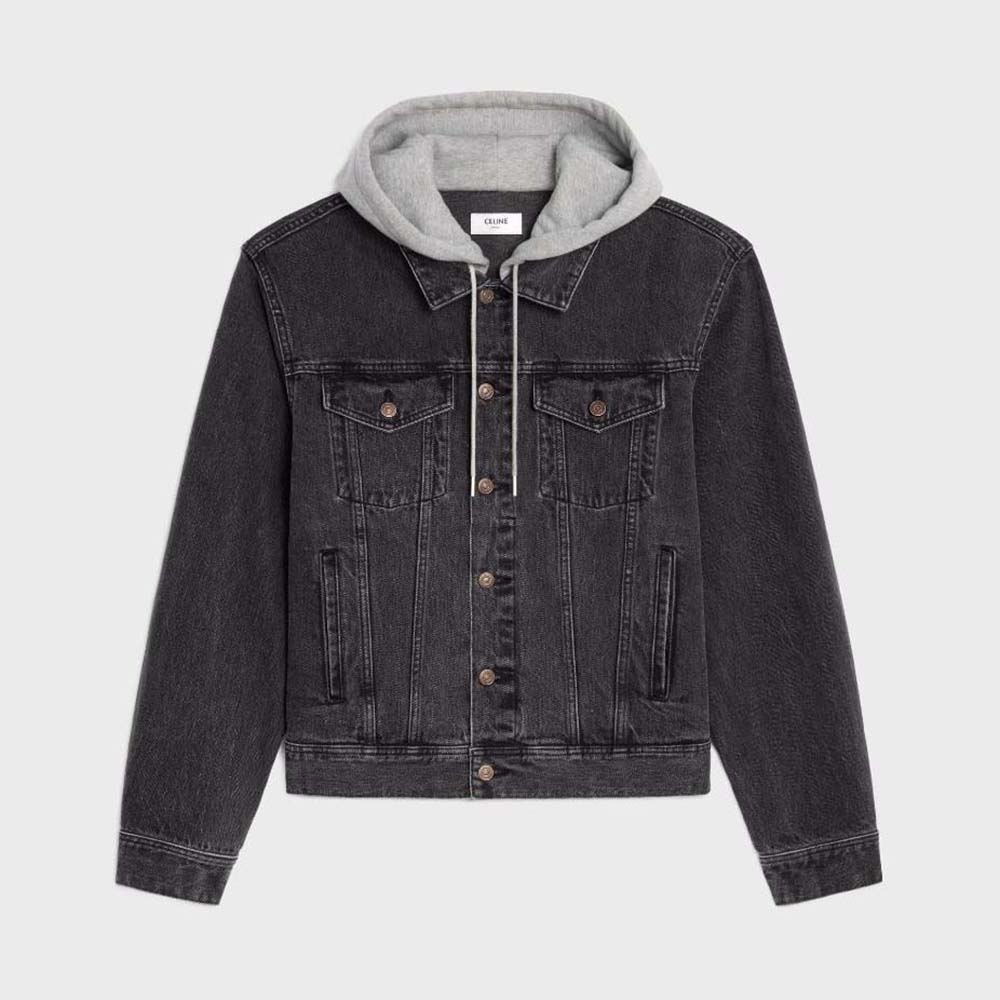 Front view of Celine Men Trucker Jacket in Charcoal Wash Denim