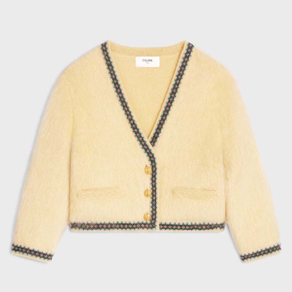 Front view of Celine Women Cardigan Jacket in Mohair bright yellow