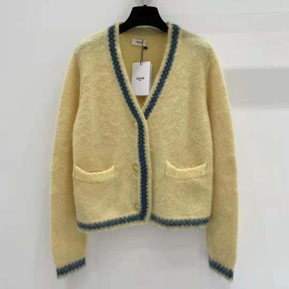 Side angle showing tailored silhouette of Celine Women Cardigan Jacket in Mohair
