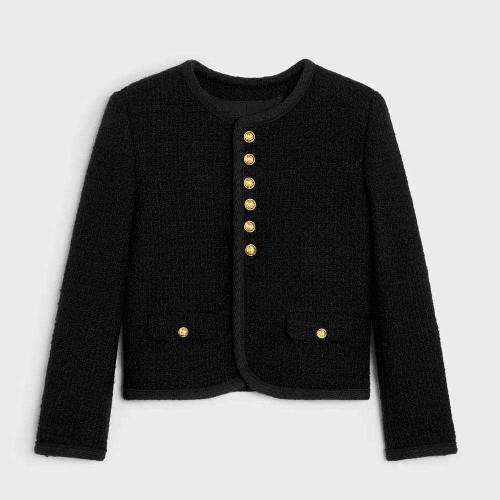Front view of Celine Women Chasseur Jacket in black bouclette fabric