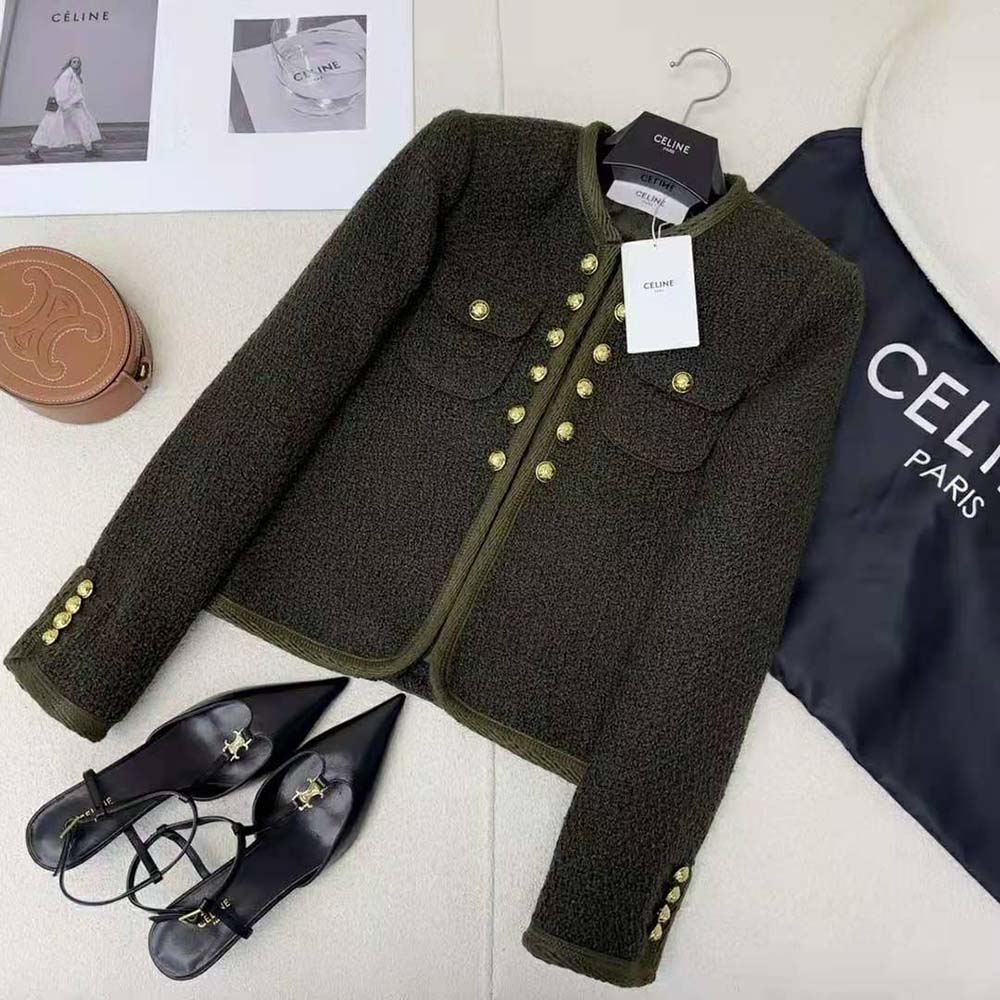 Close-up of gold-tone buttons on Celine Women Chelsea Jacket in green