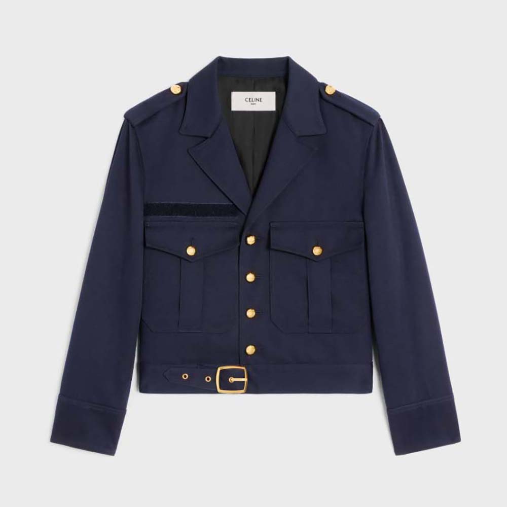 Front view of Celine Women Cropped Saharienne Jacket in Diagonal Wool navy