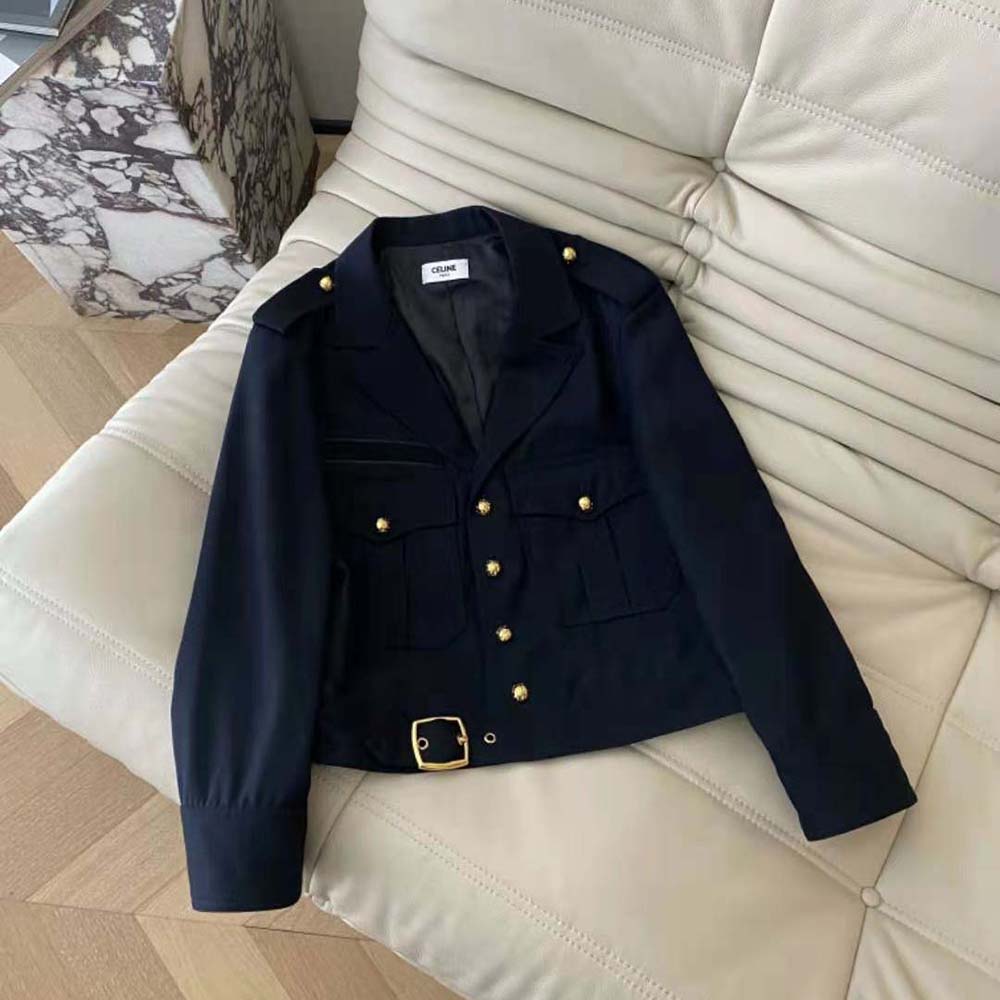 Close-up of matte buttons on Celine Cropped Saharienne Wool Jacket