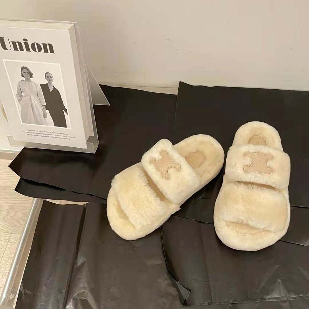 Celine Women Fur Slides Triomphe Open Slides in Shearling - image 6