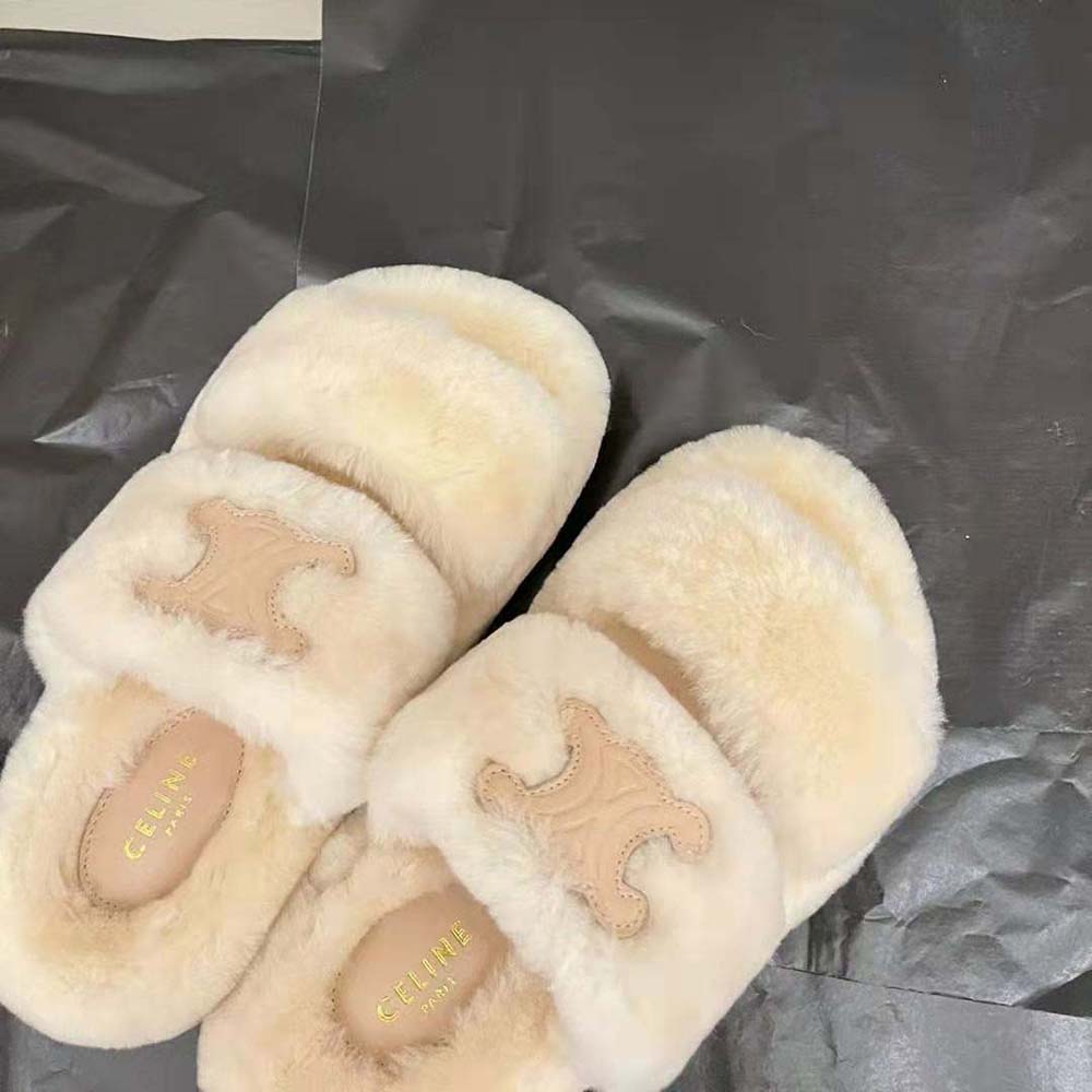 Celine Women Fur Slides Triomphe Open Slides in Shearling - image 7