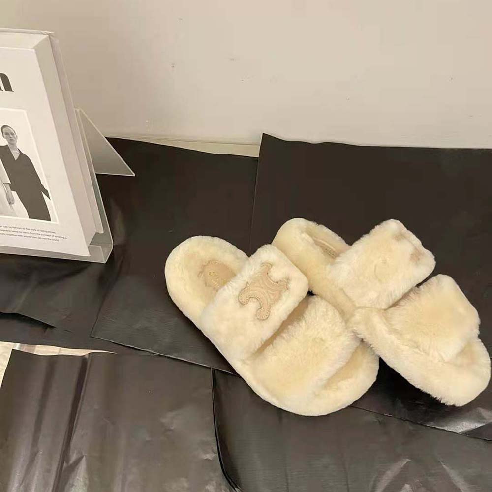 Celine Women Fur Slides Triomphe Open Slides in Shearling - image 4