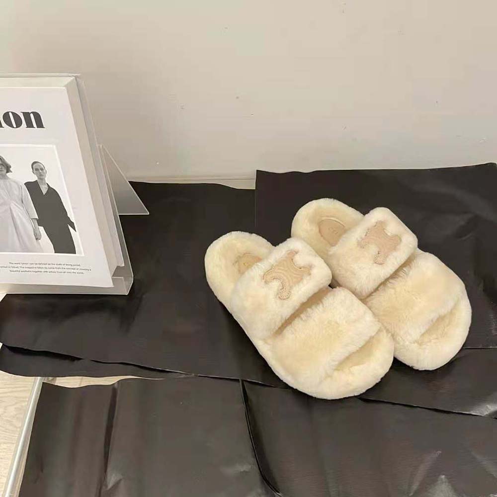 Side profile showing silhouette and shearling texture of Celine Women Fur Slides