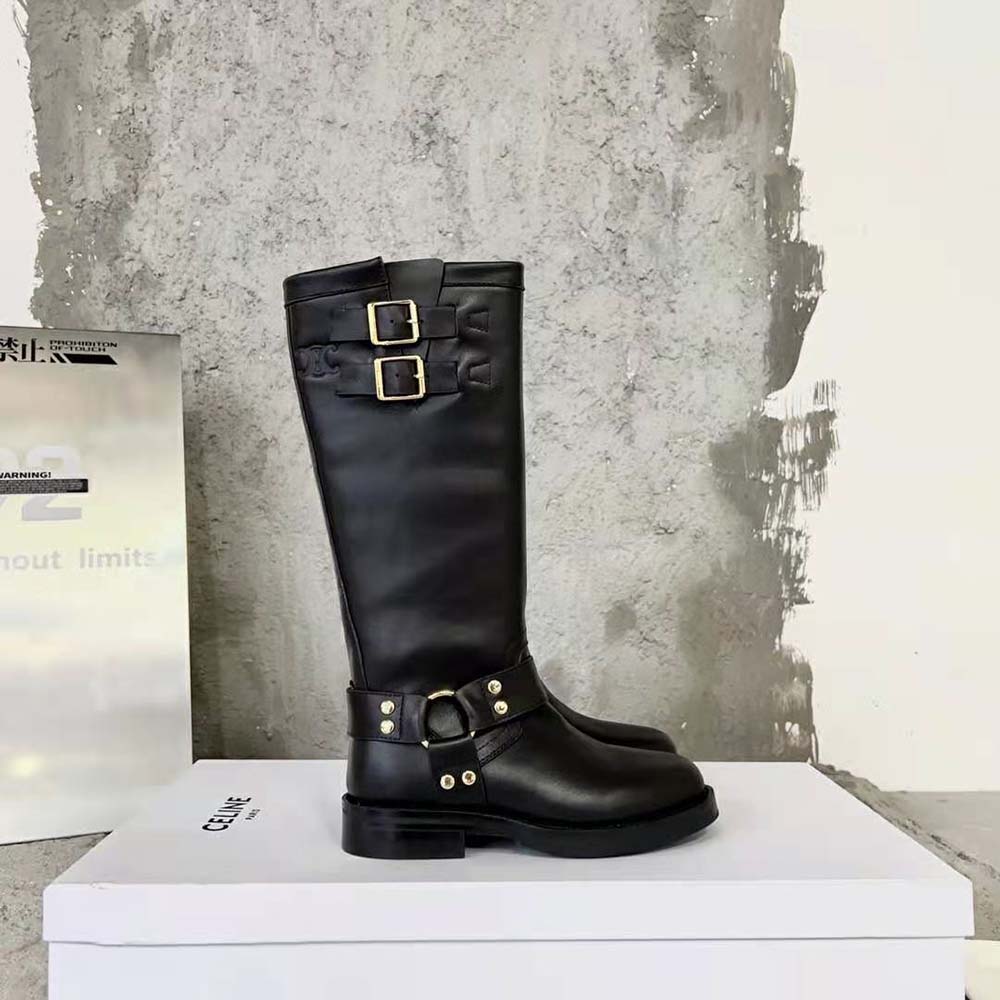 Side profile showcasing silhouette and leather texture of Celine Women High Boot