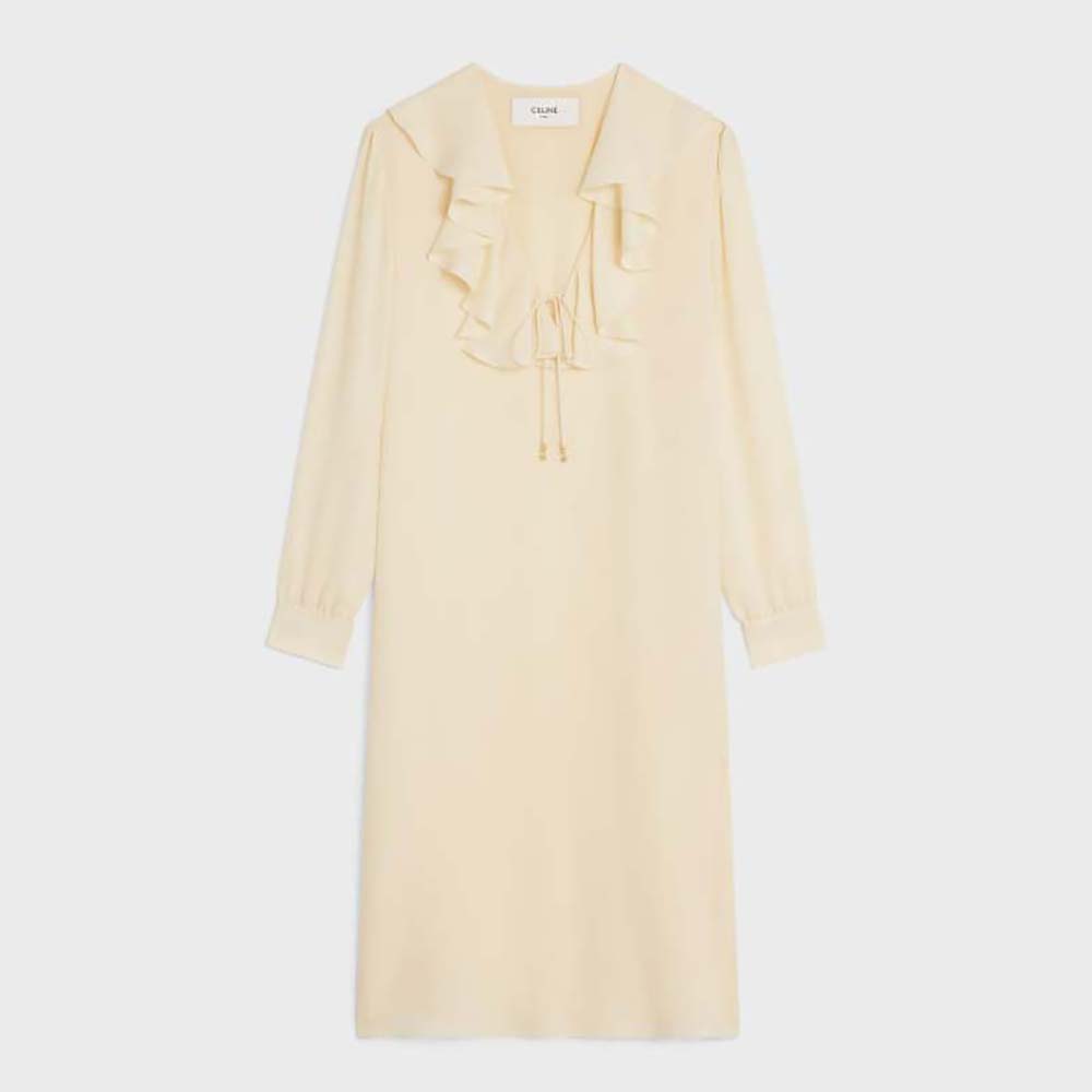 Front view of Celine Women Jabot Dress in Lightweight Silk Sablé-Beige