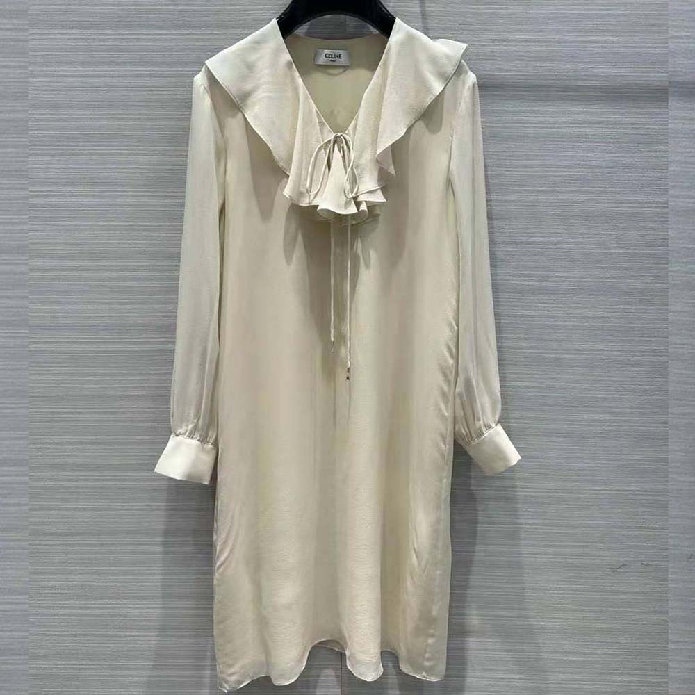 Close-up of jabot ruffle neckline on Celine Women Jabot Dress