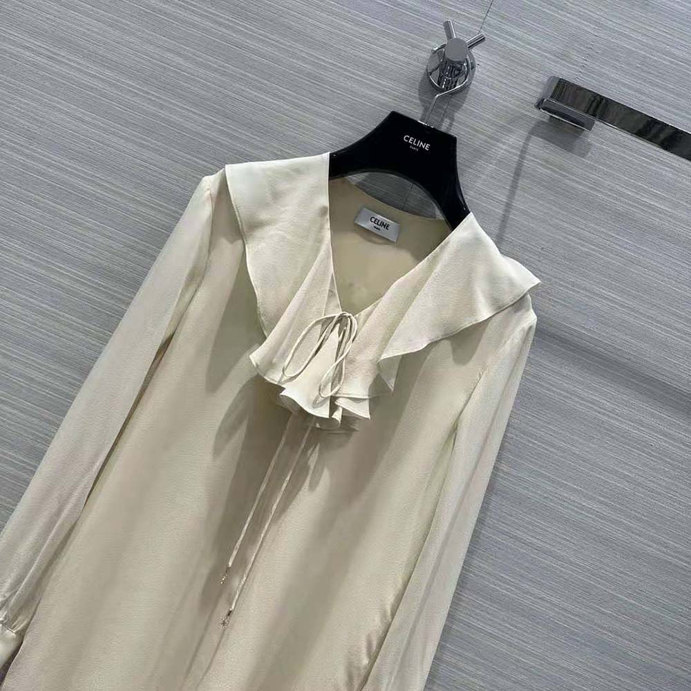 Celine Women Jabot Dress in Lightweight Silk Sablé-Beige - image 4