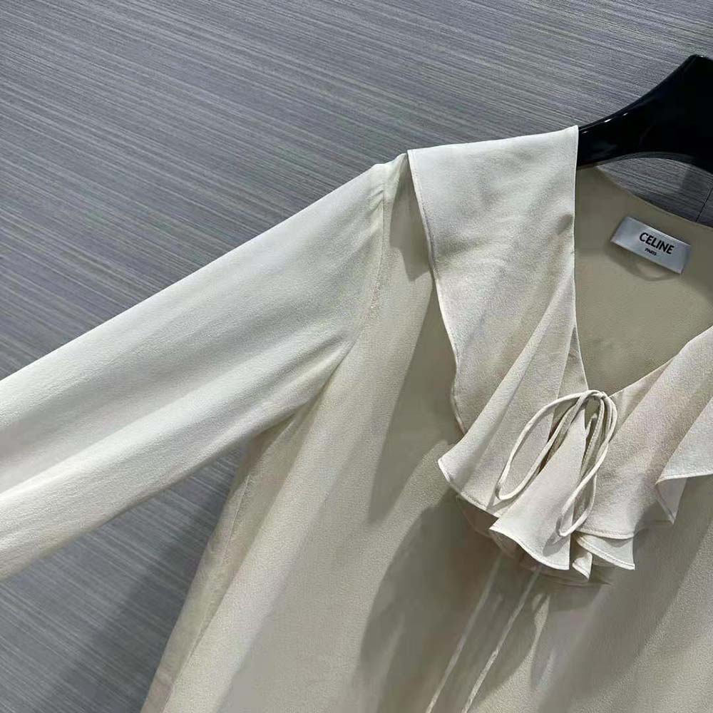 Celine Women Jabot Dress in Lightweight Silk Sablé-Beige - image 5