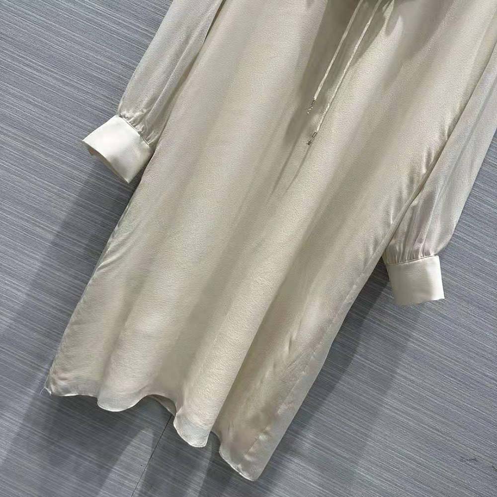Celine Women Jabot Dress in Lightweight Silk Sablé-Beige - image 6