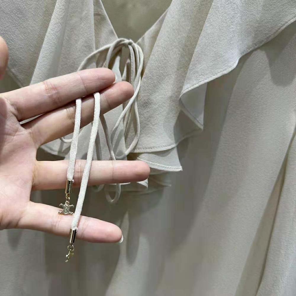Celine Women Jabot Dress in Lightweight Silk Sablé-Beige - image 8