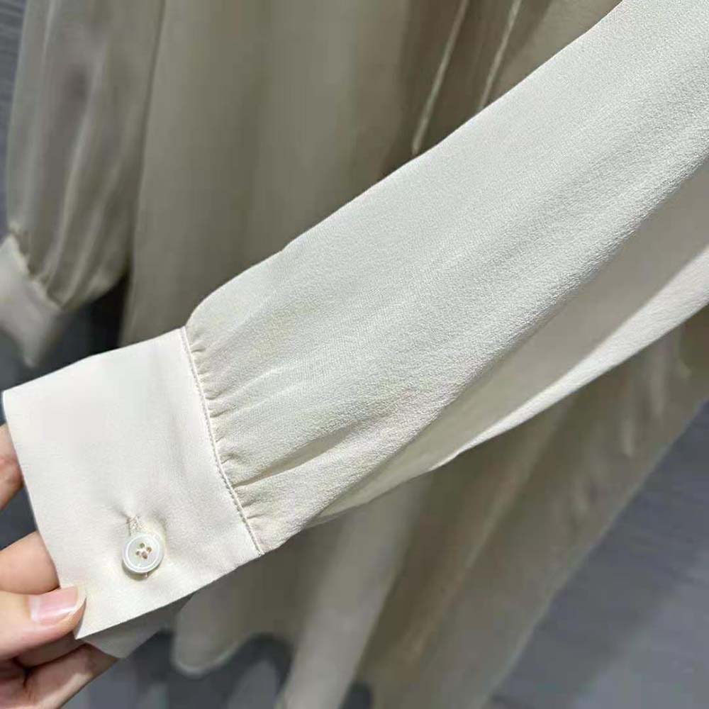 Celine Women Jabot Dress in Lightweight Silk Sablé-Beige - image 7