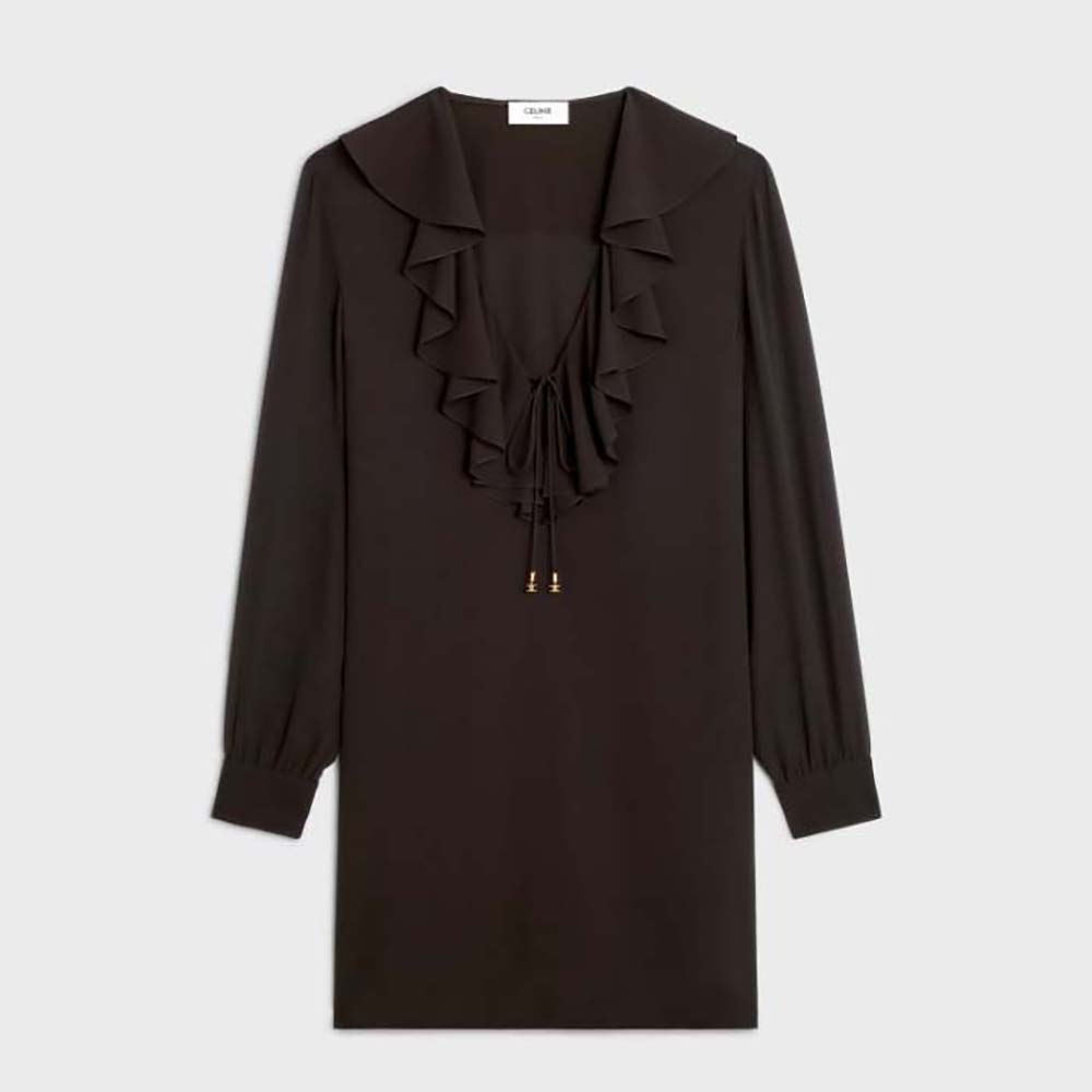 Front view of Celine Women Jabot Mini Dress in Silk Georgette-Black