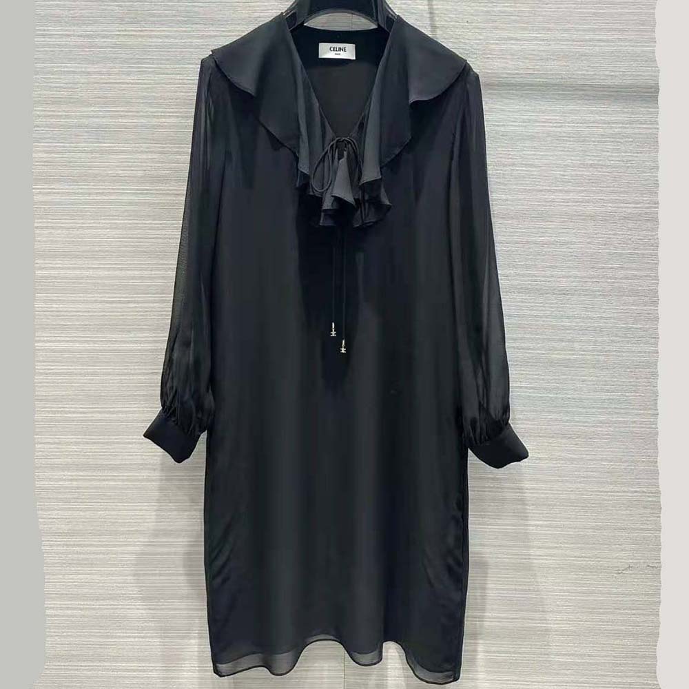 Close-up of jabot ruffle detail on Celine Women Jabot Mini Dress