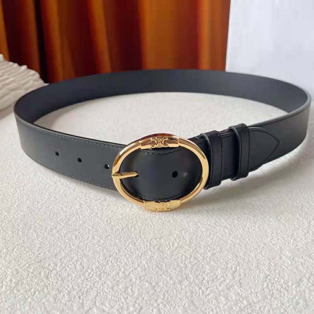 Side profile showing black vintage calfskin texture on Celine Women Large Twin Triomphe Belt