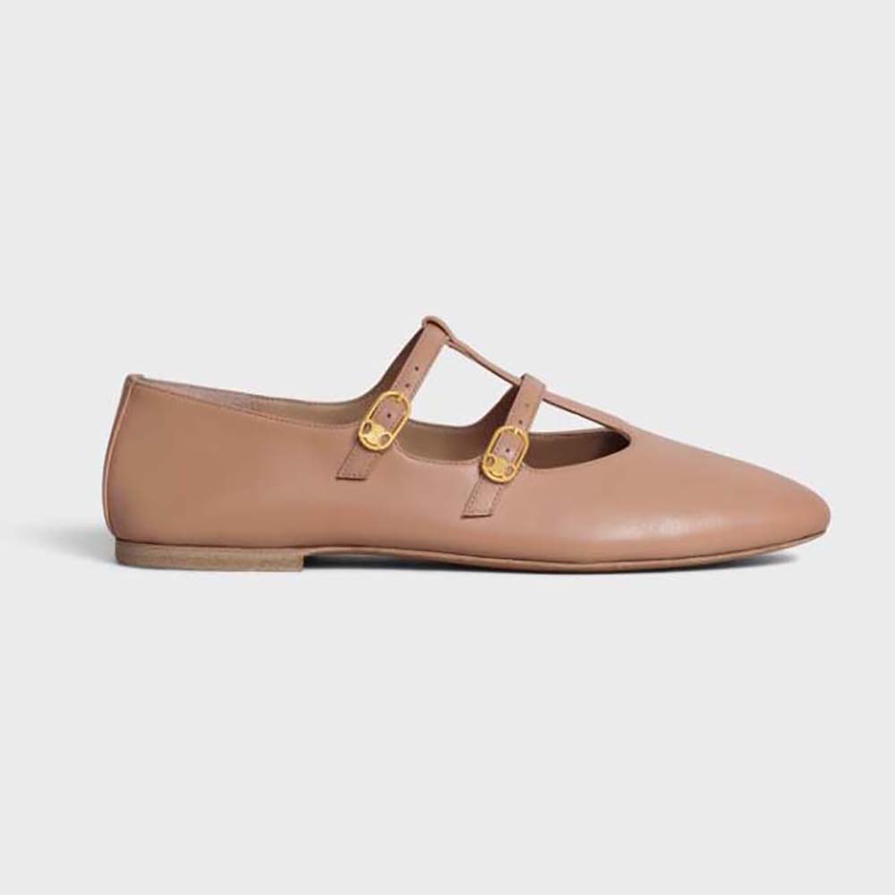 Side profile of Celine Women Les Ballerines Celine Double Strap Mary Jane in pink lambskin