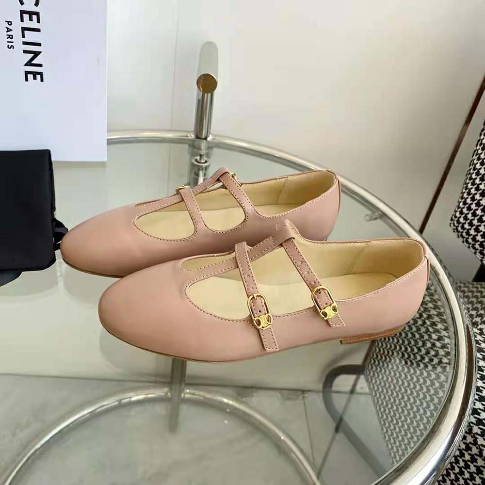 Overhead shot showing soft lambskin texture of Celine Women Les Ballerines Mary Jane