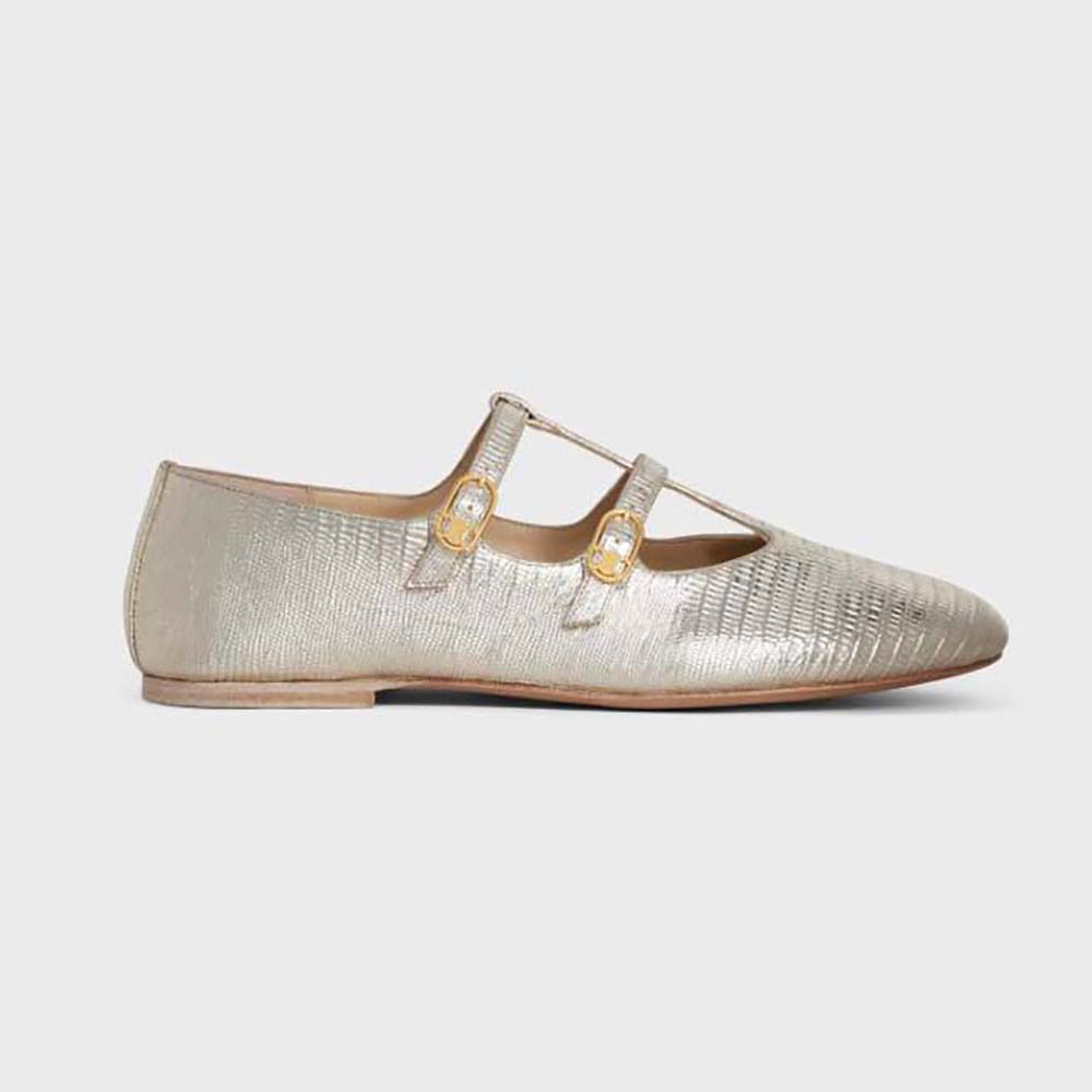 Side view of Celine Women Les Ballerines Celine Double Strap Mary Jane gold flats
