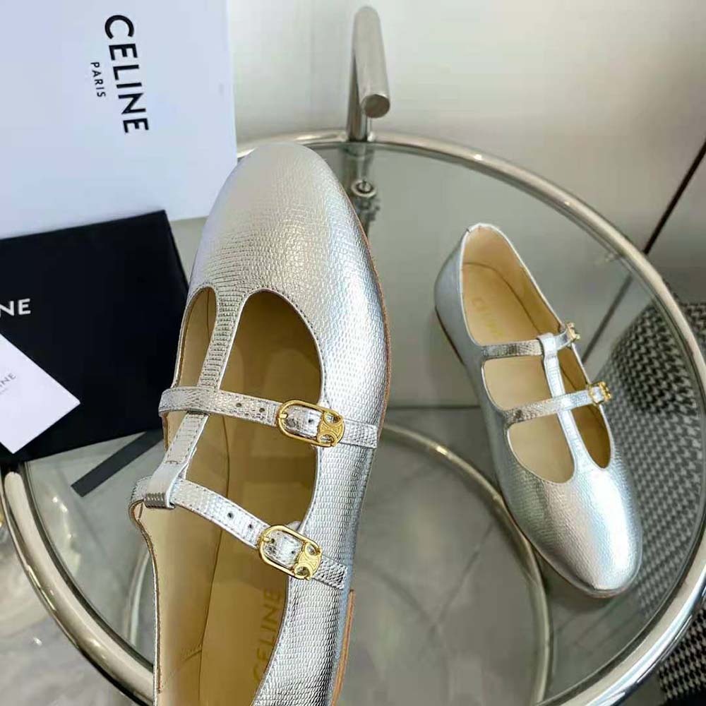 Celine Women Les Ballerines Celine Double Strap Mary Jane in Lizard Stamped Metalized Calfskin - image 6