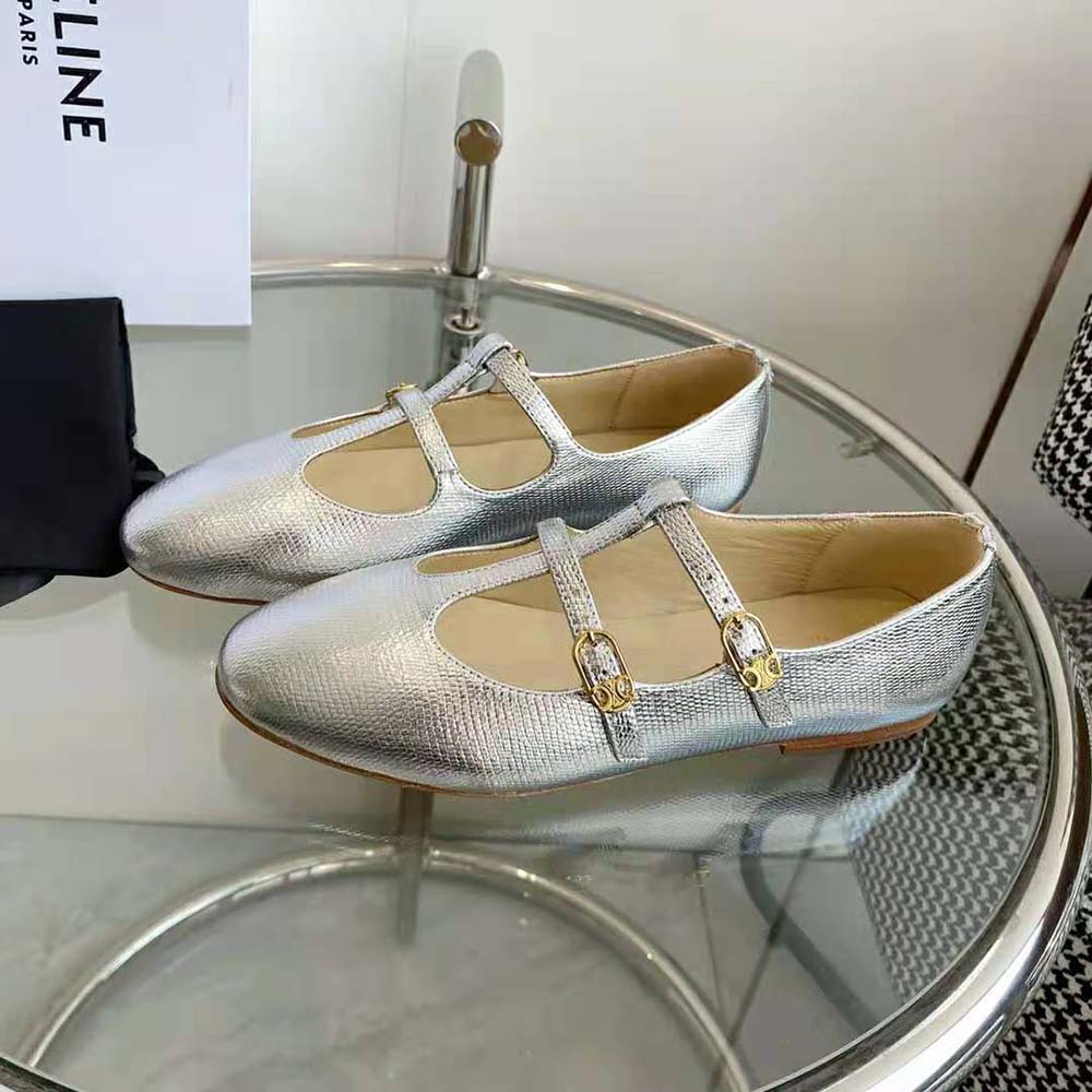 Celine Women Les Ballerines Celine Double Strap Mary Jane in Lizard Stamped Metalized Calfskin - image 4