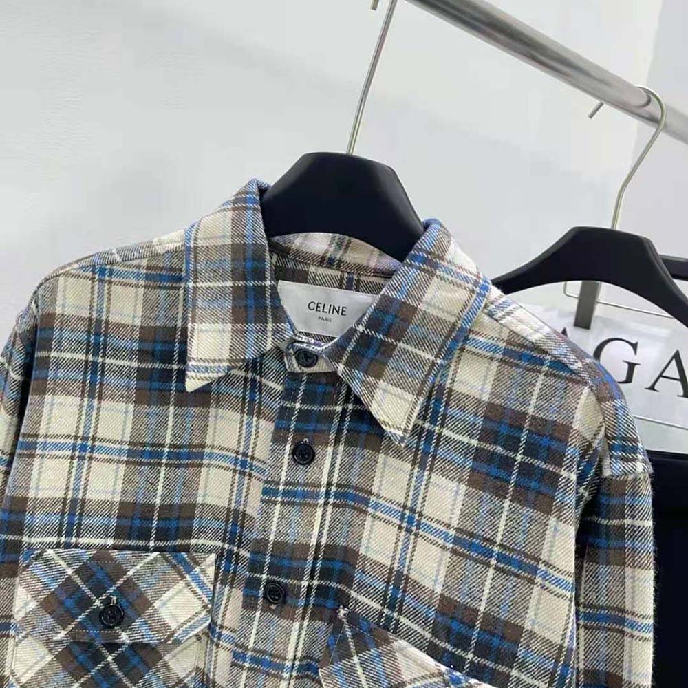 Celine Men Loose Shirt in Checked Cotton-Navy - image 4