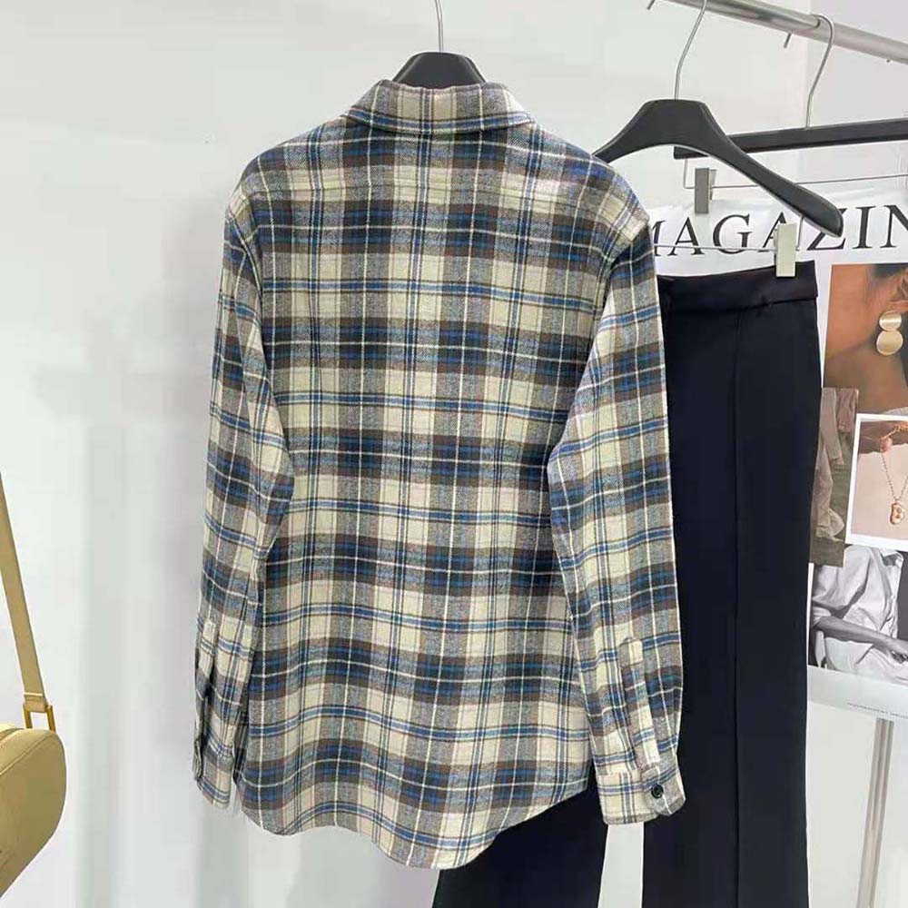 Side profile showing loose fit of Celine Men Loose Shirt checked cotton