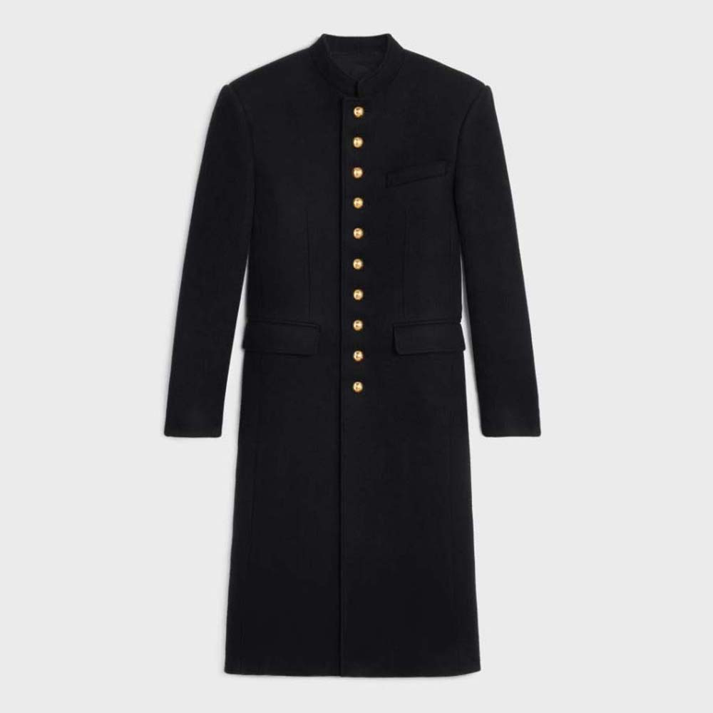 Front view of Celine Women Military Coat in Wool Cloth in black