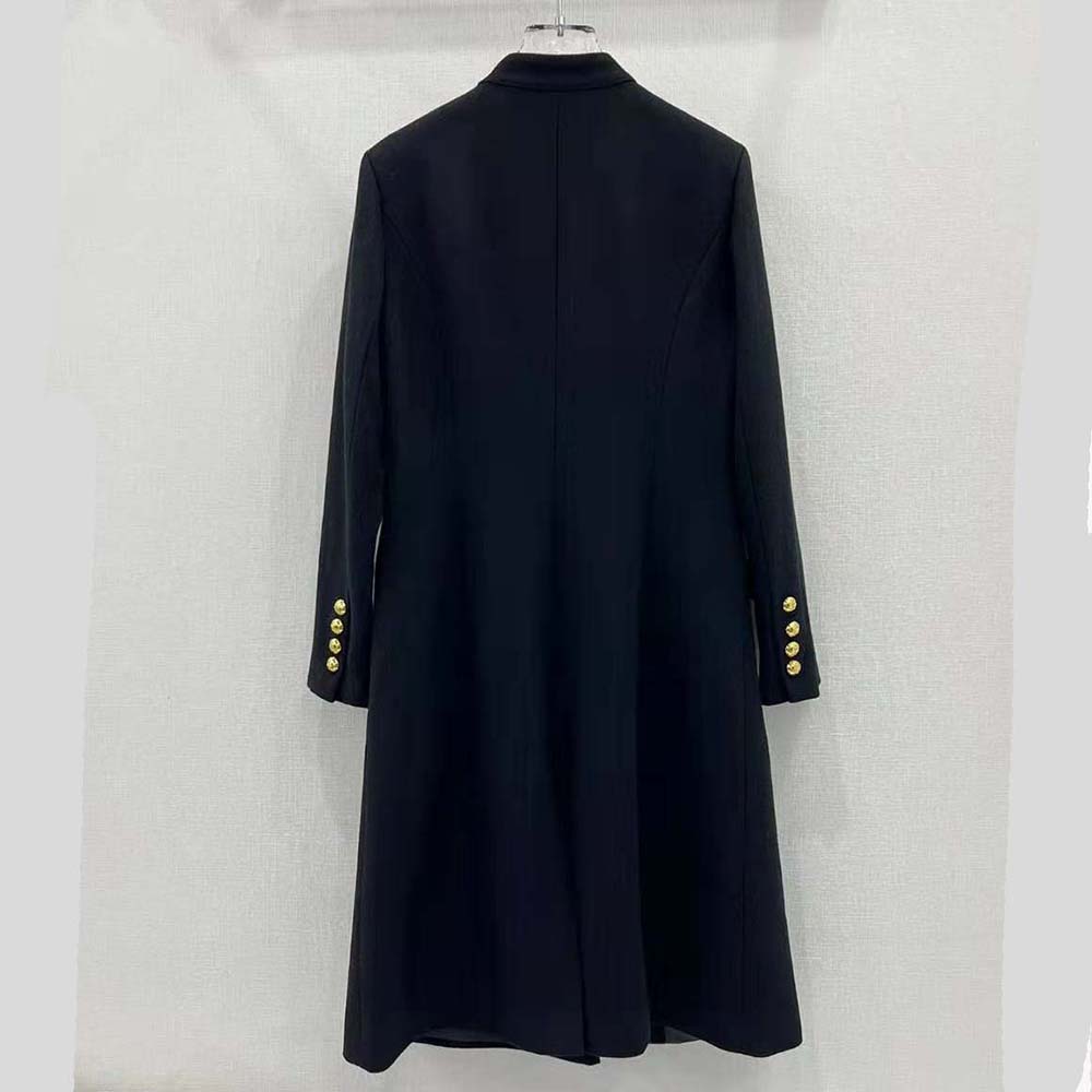 Side angle showing silhouette of Celine Women Military Coat black wool