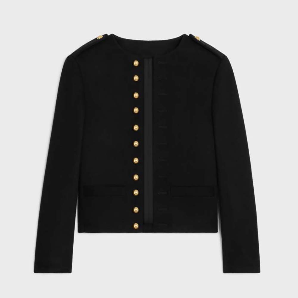 Front view of Celine Women Military Jacket in Wool Cloth-Black with button closure