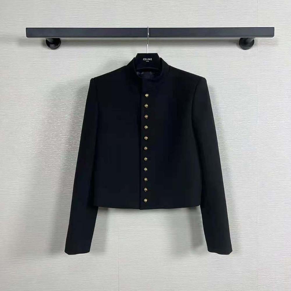 Close-up of signature metal buttons on Celine Women Military Jacket in Black wool