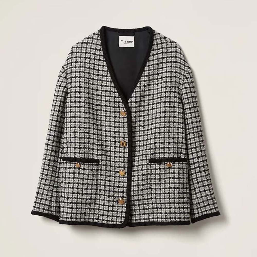 Front view of Miu Miu Women Single-breasted Boucle Jacket with Embroidered Logo