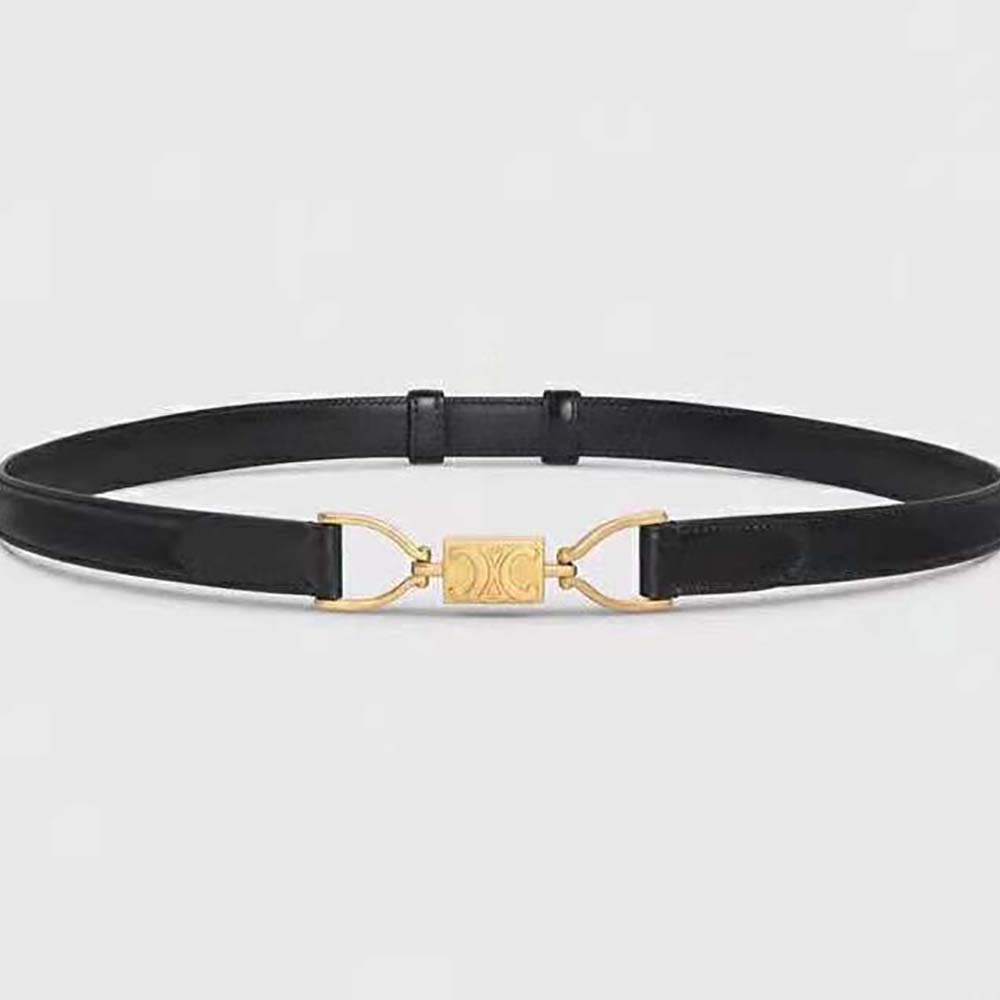 Front view of Celine Women Small Block Triomphe Belt in black leather
