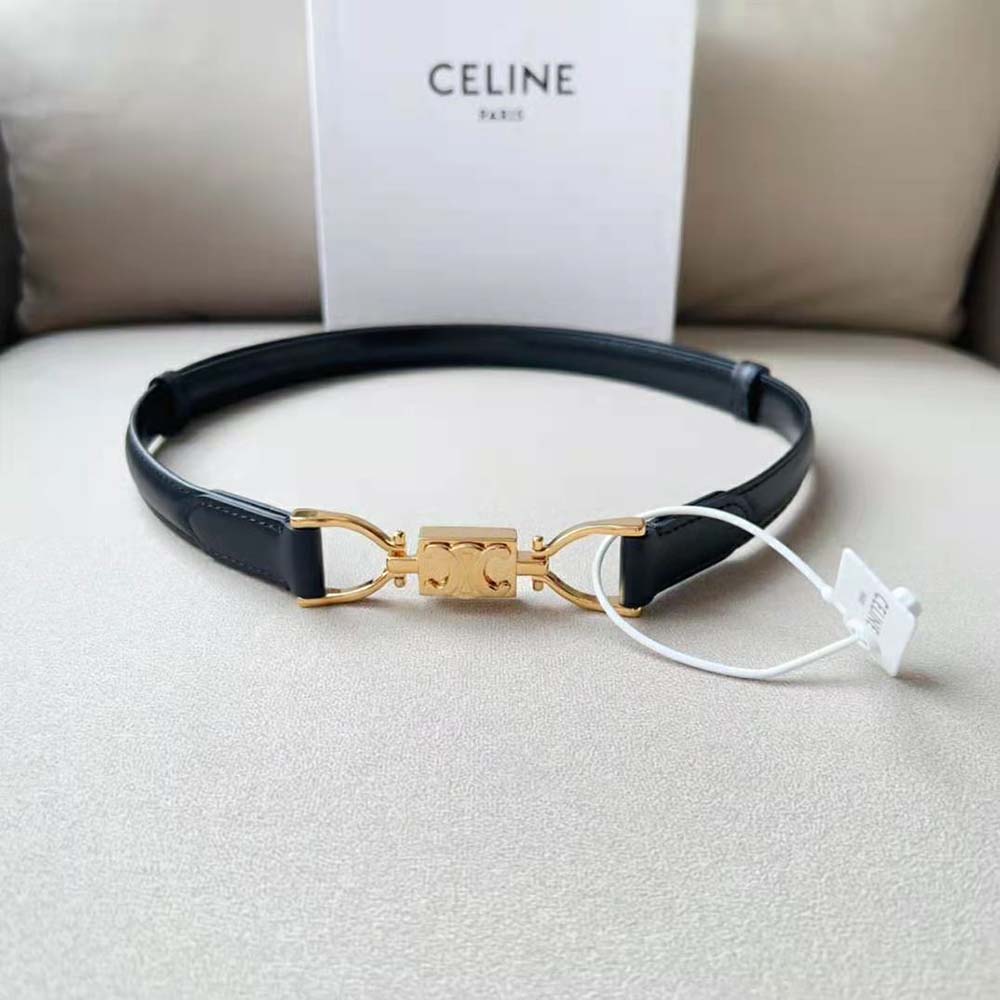 Side angle showing smooth Taurillon leather texture on Celine Women Small Block Triomphe Belt