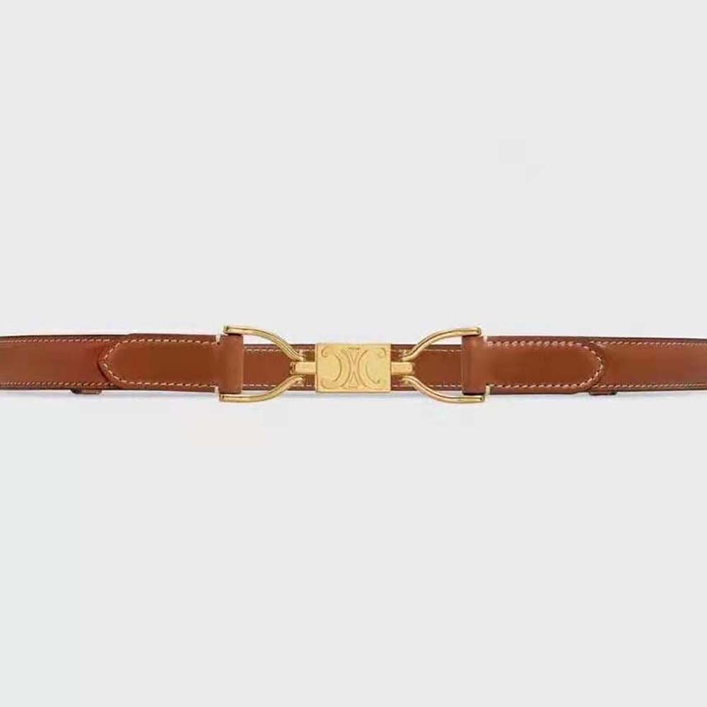 Front view of Celine Women Small Block Triomphe Belt in Taurillon Leather-Brown