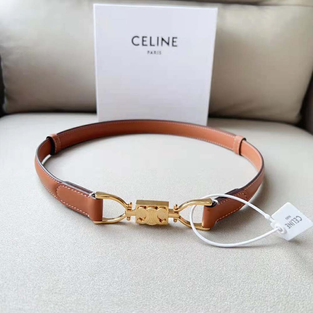 Close-up of gold Triomphe buckle on Celine Women Small Block Triomphe Belt