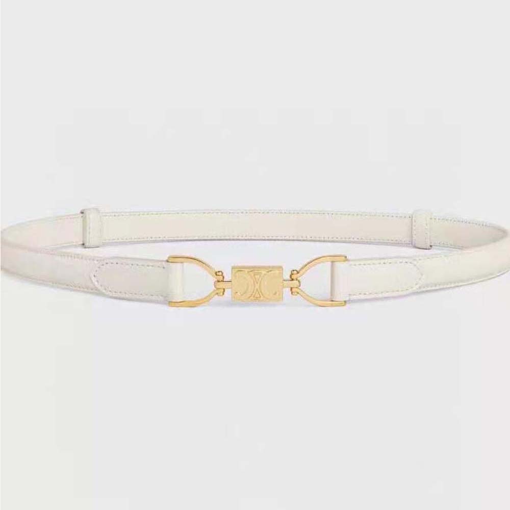 Front view of Celine Women Small Block Triomphe Belt in white leather