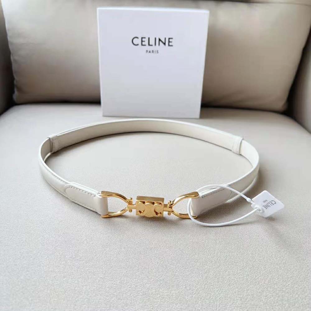 Close-up of silver Triomphe buckle on Celine Women Small Block Triomphe Belt