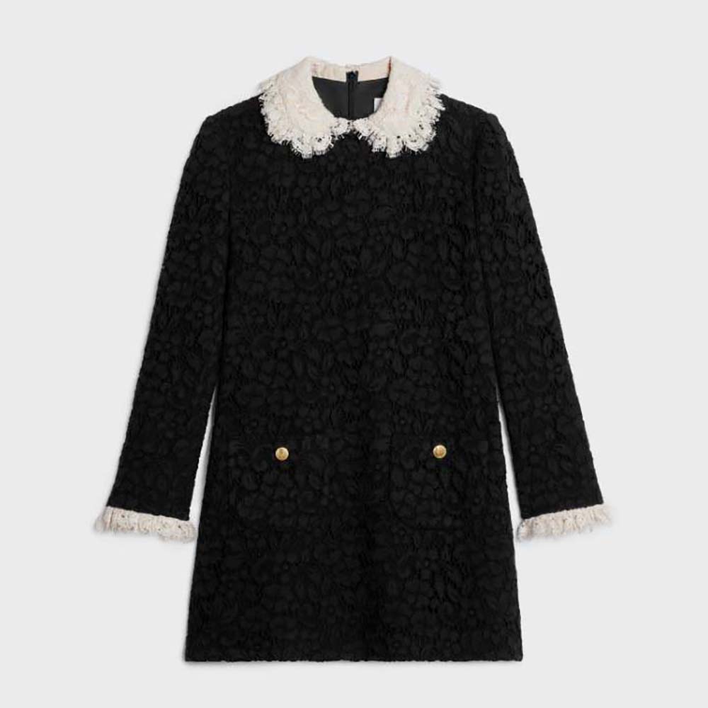 Front view of Celine Women Trapeze Mini Dress in Floral Guipure-Black