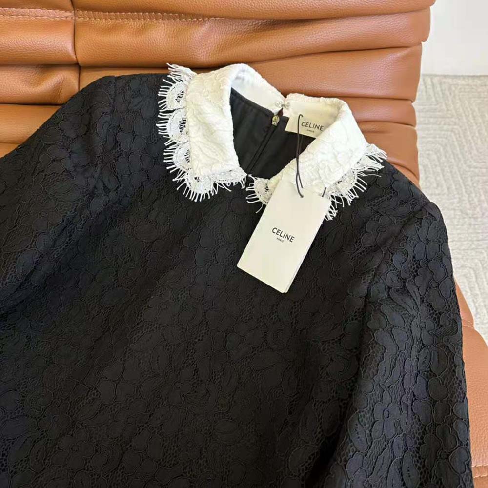 Celine Women Trapeze Mini Dress in Floral Guipure-Black - image 5