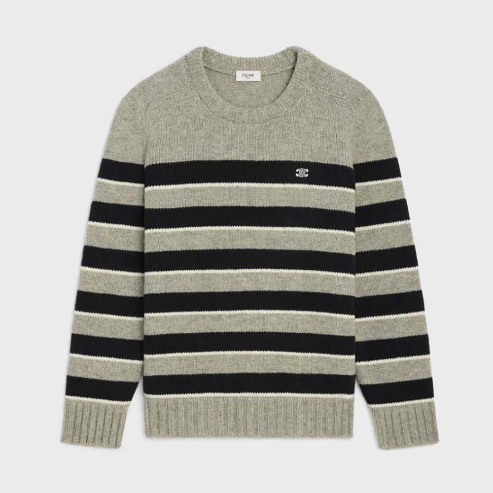 Front view of Celine Women Triomphe Crew Neck Sweater in striped wool