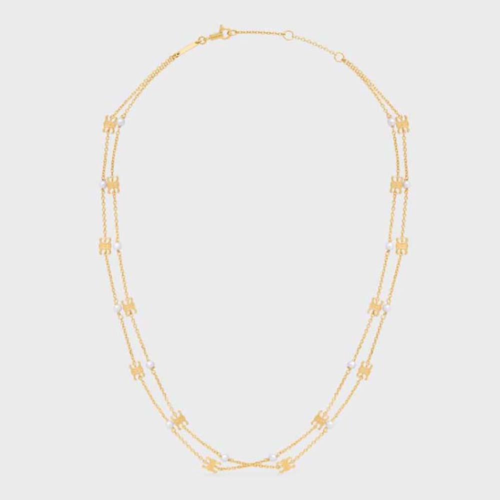 Front view of Celine Women Triomphe Pearl Double Necklace gold finish