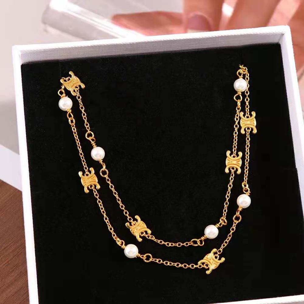 Celine Women Triomphe Pearl Double Necklace in Brass with Gold Finish and Resin Pearls - image 6